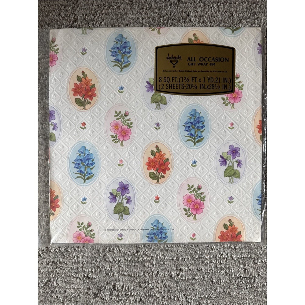 Vintage MCM Ambassador Floral Friendship Gift Wrap 2 Sheets 20x28 Textured NOS